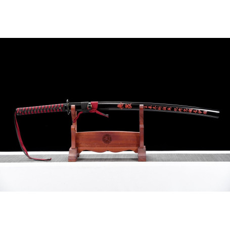 Katana en Acier T10 avec Hamon Véritable - lanière rouge et noir tombante de la poigné - 100% fait main