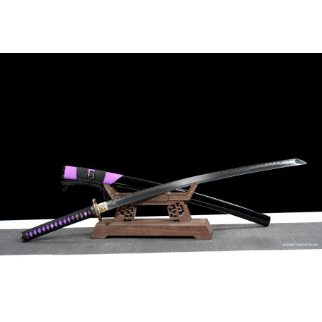 Katana Samouraï en Acier Trempé T10 - Noir et violet hamon véritable