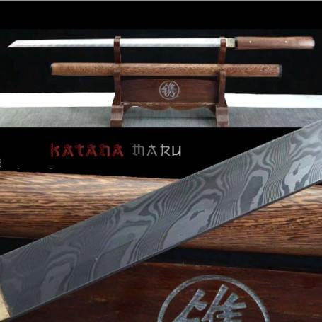 Ninjato shirasaya en Damas haut de gamme (acier plié laminé) et bois de rose.