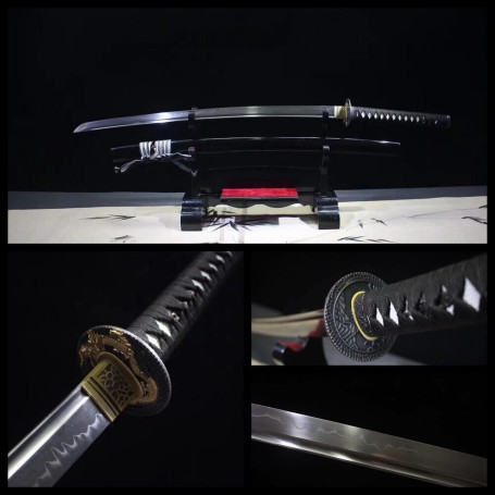 Véritable Katana Samurai Japonais, Acier T10 Trempé à l'Argile, Peau de Raie, Tranchant Affûté