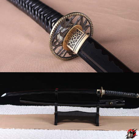 Katana Authentique en Acier T10 avec Hamon, Peau de Raie Véritable et Saya en Bois Haut de Gamme