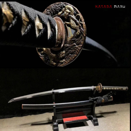 Katana Samurai Authentique en Acier 1095 Trempé à l'Argile, Lame Pleine Soie Affûtée avec Hamon et Peau de Raie
