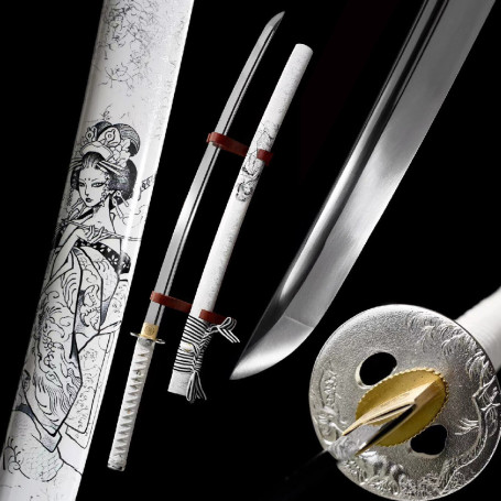 Katana Japonais Authentique, Lame en Acier 1060 Forgée à la Main, Tranchant Réel, Peau Fausse, Prêt au Combat
