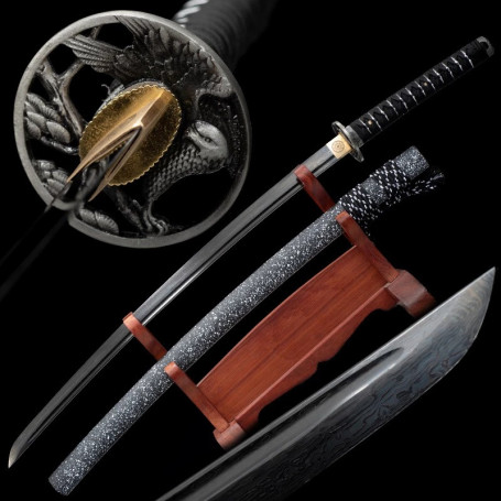 Véritable Katana en Damas (1000 couche acier plié T10) Lame couleur noire. Tsuba Aigle. Authentique sabre de coupe japonais