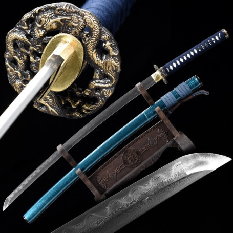 Véritable Katanas japonais en Damas. Sabre de coupe forgé avec la methode ancestrale
